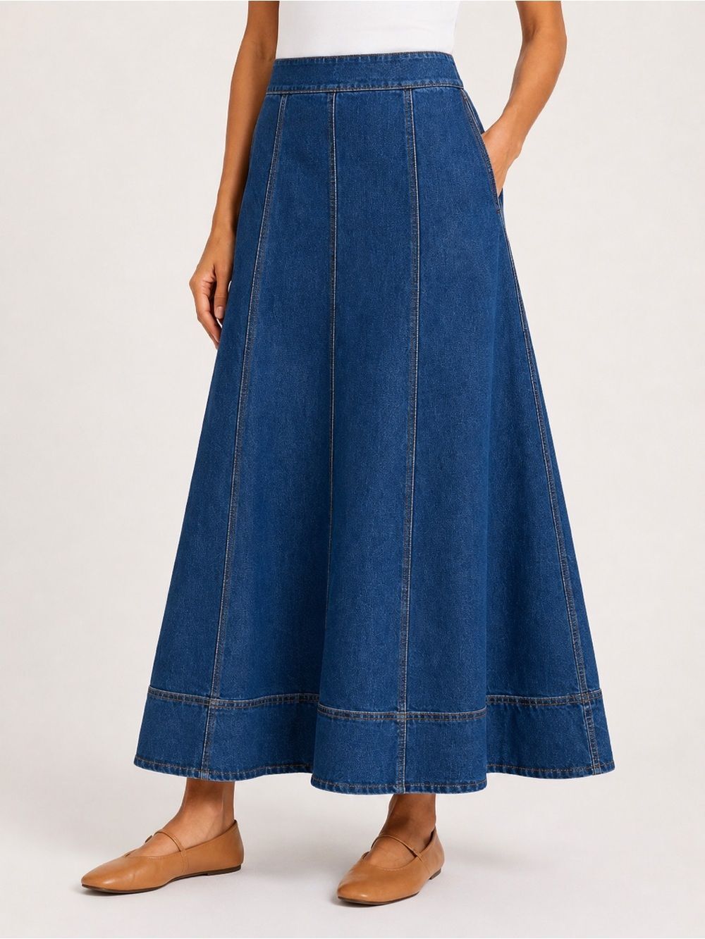 1.STATE A-Line Denim Maxi Skirt Paneled Back Zip Medium Wash Blue 2 NEW - Picture 4 of 11